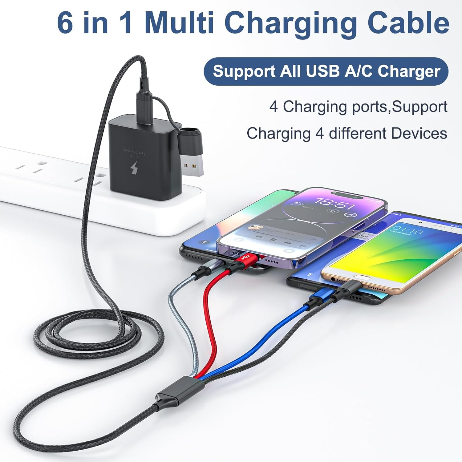 6 in 1 Multi Charging Cable 2Pack-6FT Multi USB Cable 3A Multi Charger Cable - Image 2